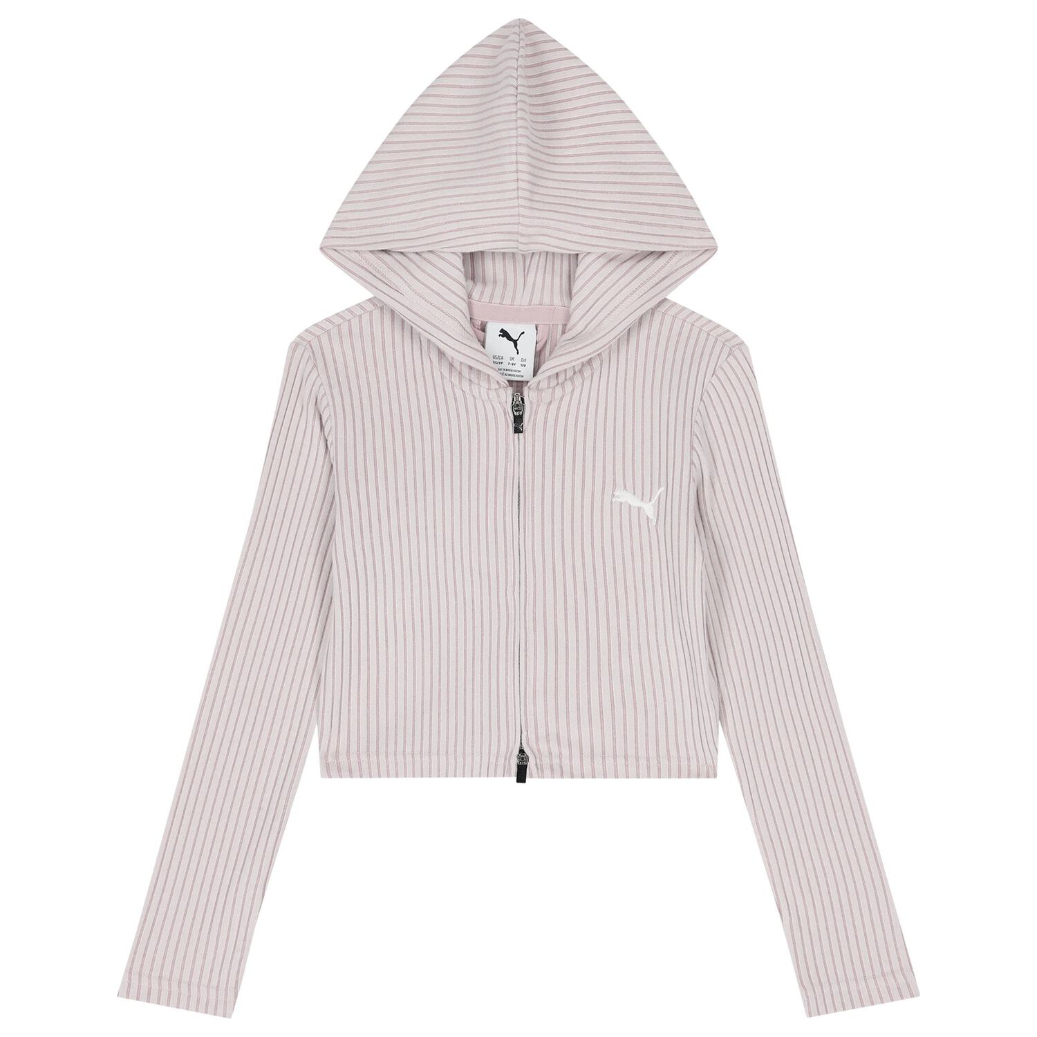 Girls Pink Ribbed Logo Hooded Zip Up Top, 1, hi-res