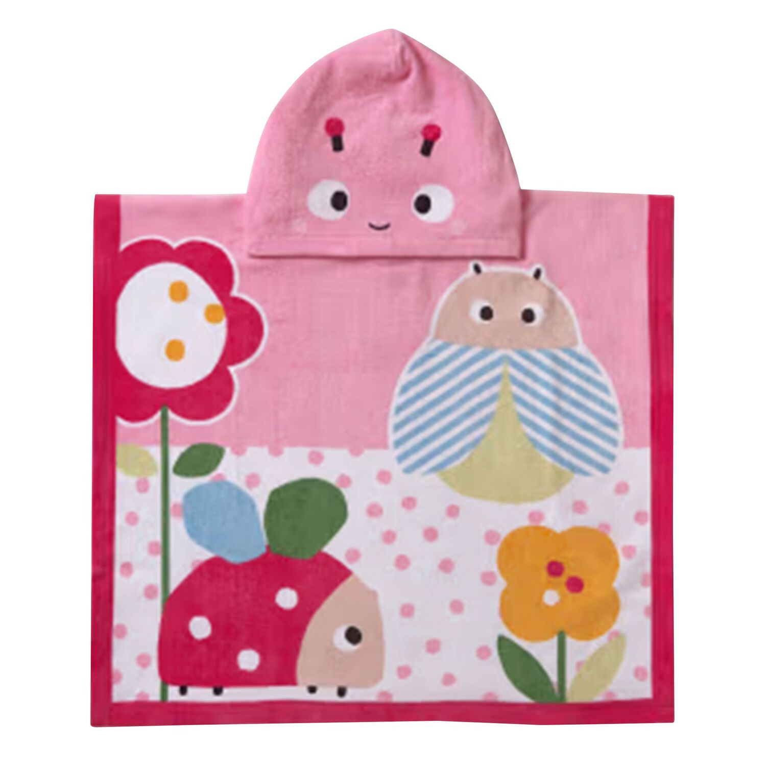 Baby Girls Pink Bug Hooded Towel, 1, hi-res