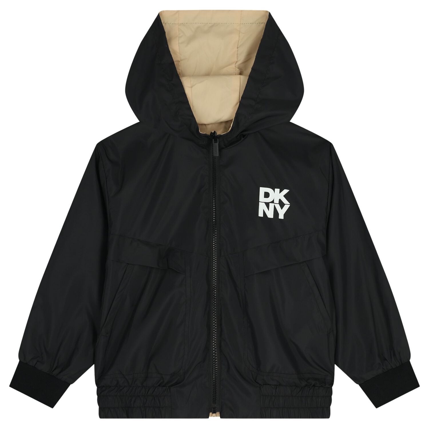 Boys Black & Beige Reversible Hooded Zip Up Top, 1, hi-res