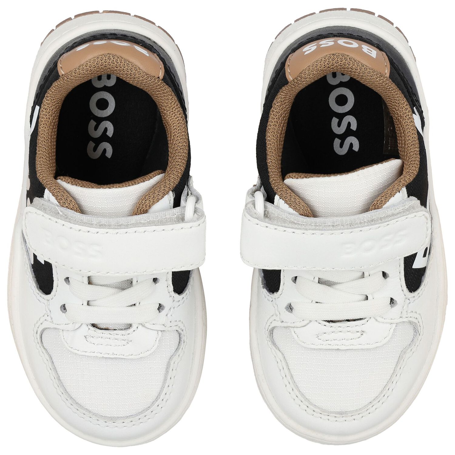 Boys White, Beige & Black Logo Trainers, 1, hi-res