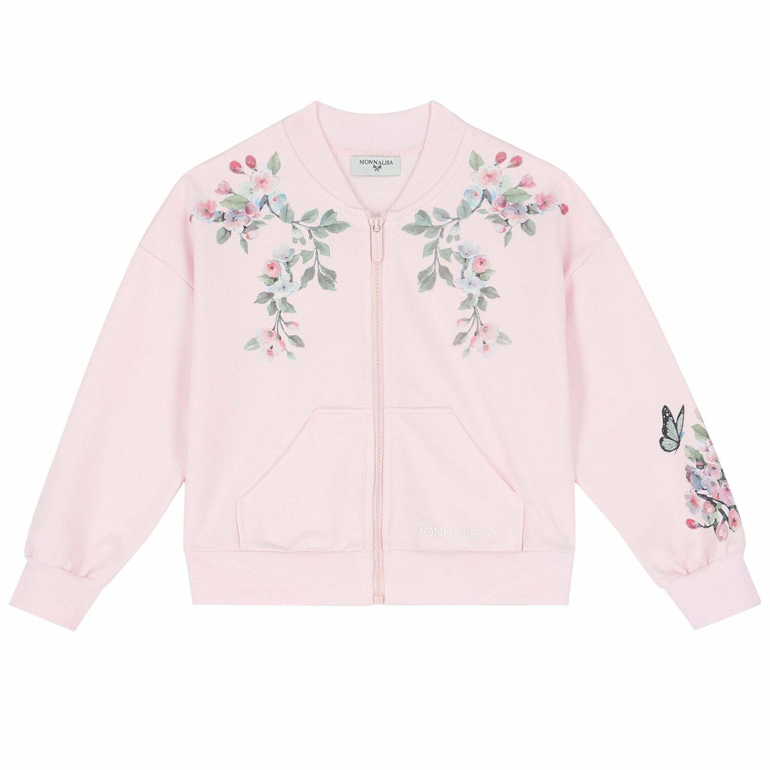 Girls Pink Floral Zip Up Top, 1, hi-res