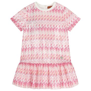 Girls White & Pink Zig Zag Embellished Sequin Dress