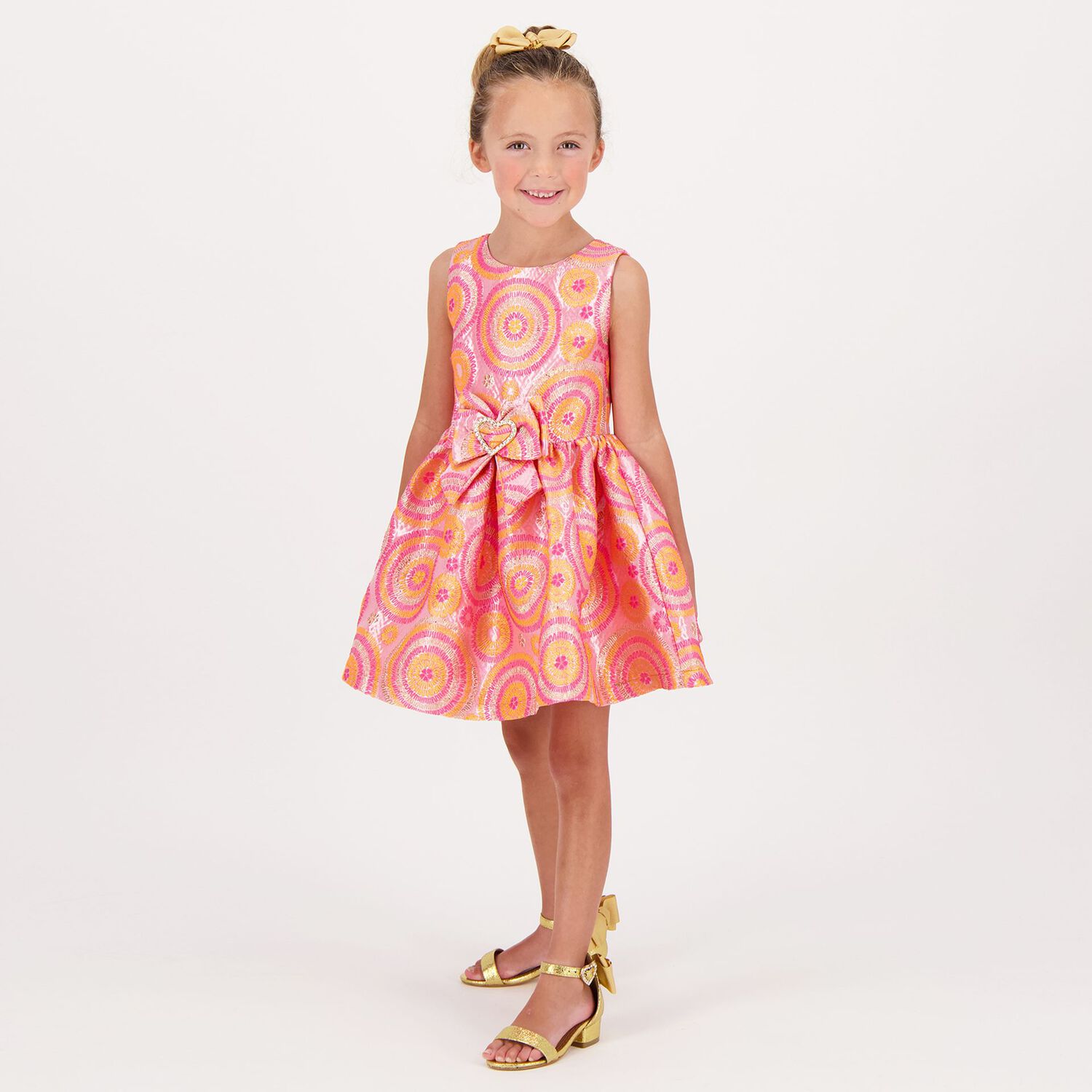 Girls Pink & Orange Circle Jacquard Dress, 4, hi-res