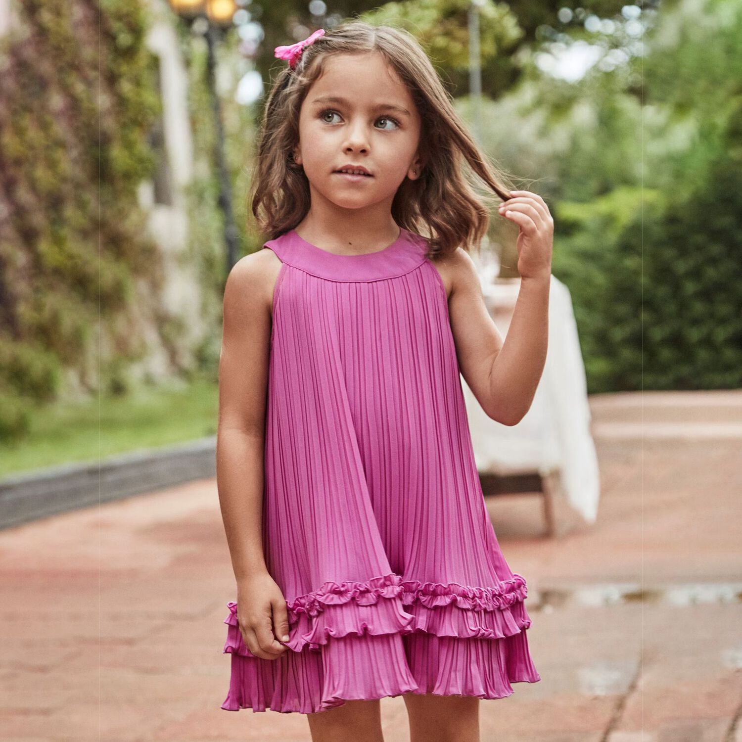 فستان شيفون بطيات باللون البنفسجي , 1, hi-res