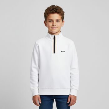 Boys White Logo Sweatshirt, 2 Boys White Logo Sweatshirt