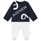 Baby Boys White & Navy Blue Logo Babygrow, 2, hi-res