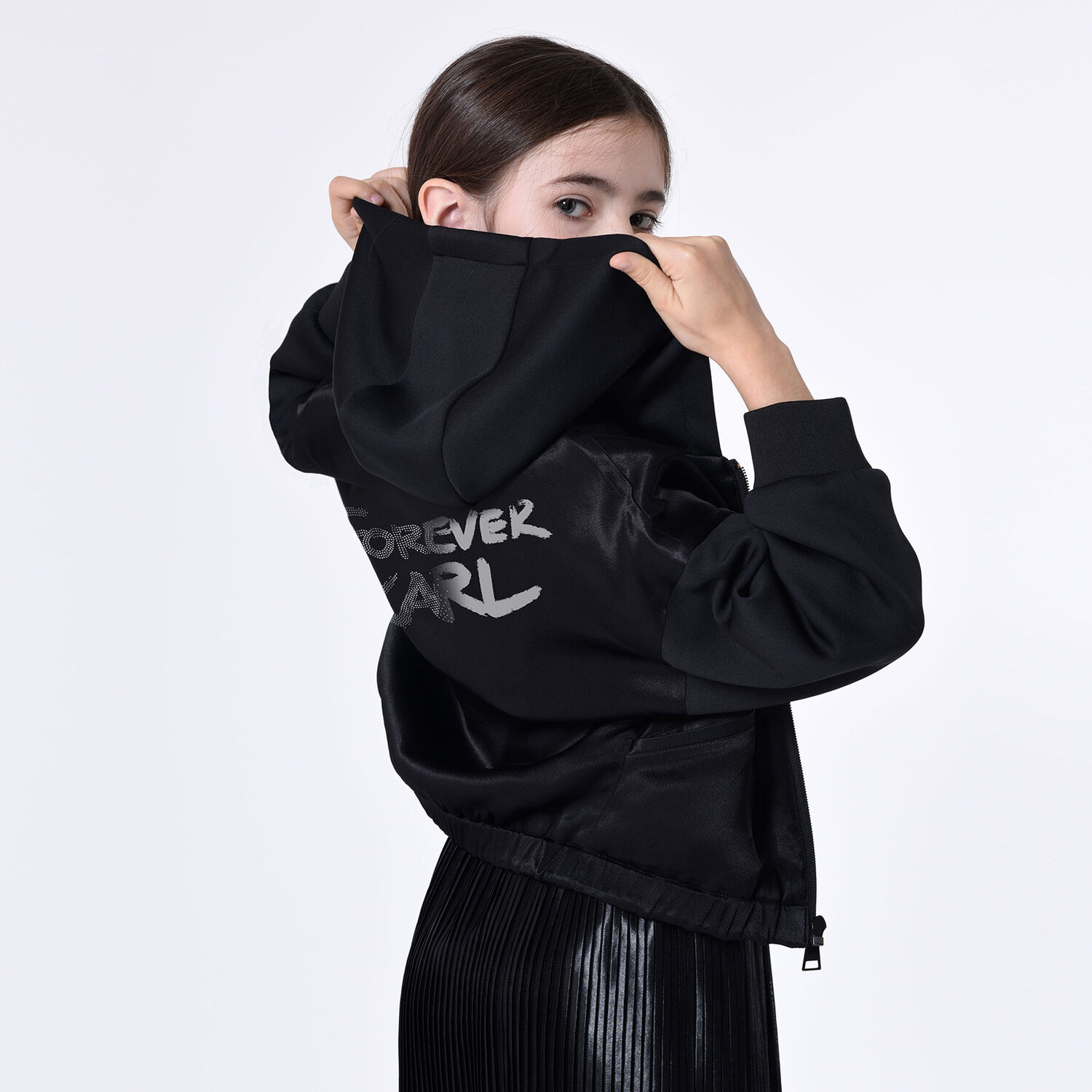 Girls Black Satin Logo Hooded Zip Up Top, 1, hi-res