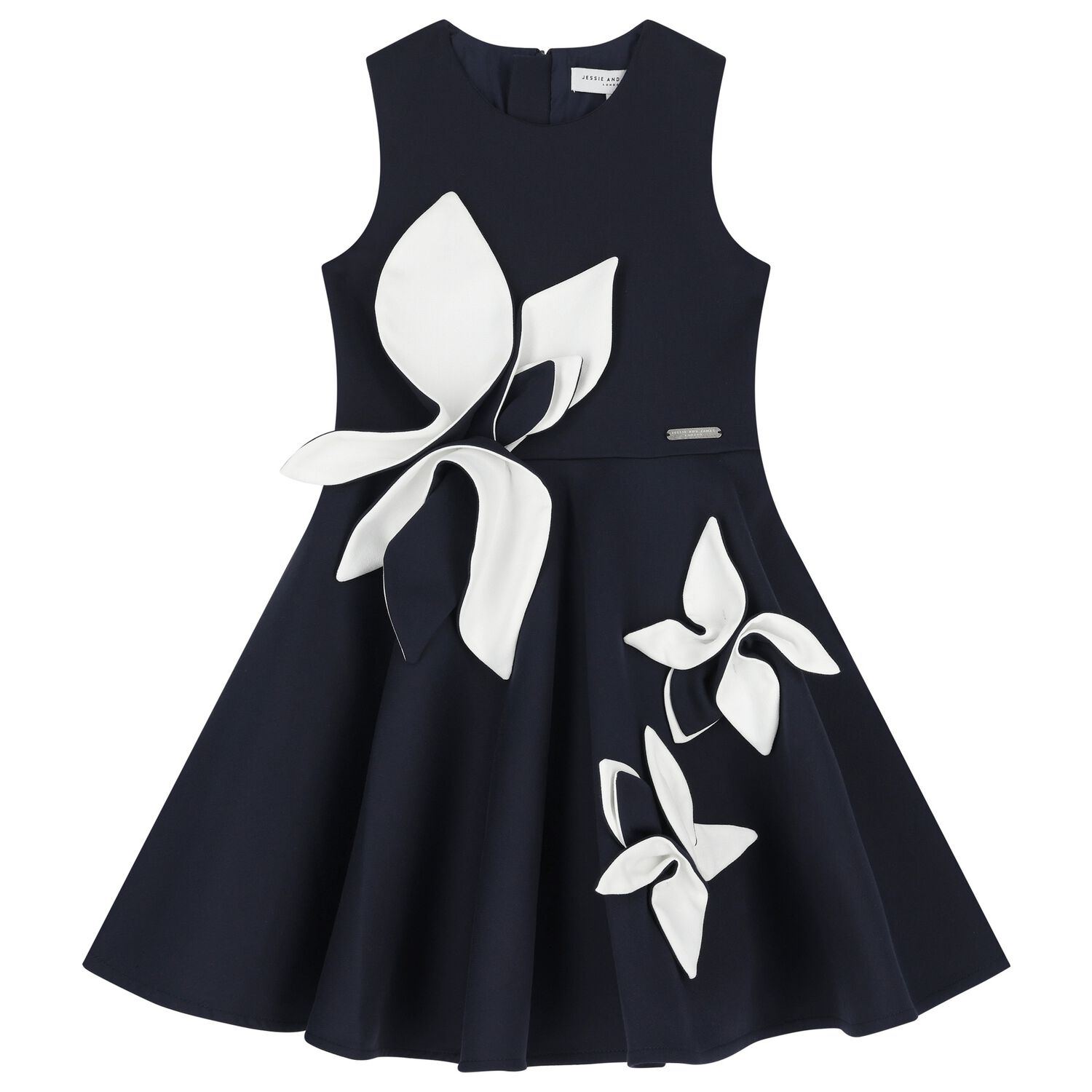 Girls Navy Blue & White Satin Floral Dress, 2, hi-res image number null