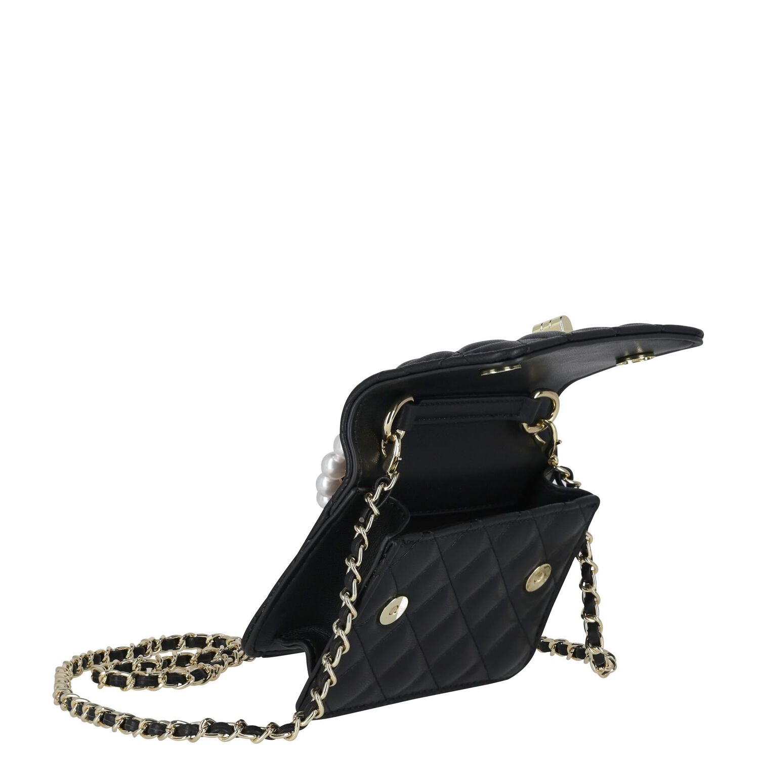 Girls Black Faux Leather Quilted Handbag, 1, hi-res