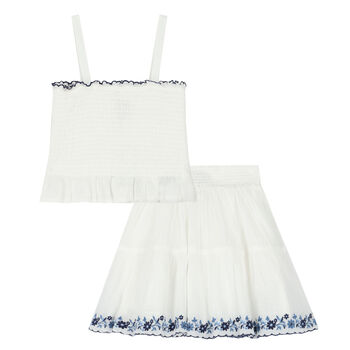 Girls White & Blue Smocked Skirt Set