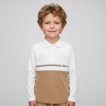 Younger Boys White & Beige Logo Polo Shirt