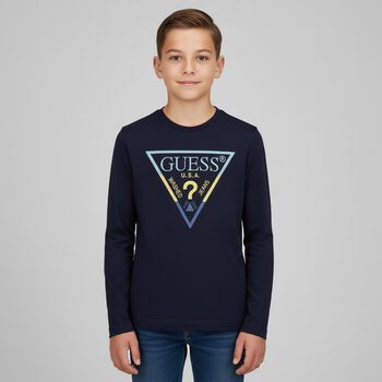 Boys Navy Blue Logo Long Sleeve Top