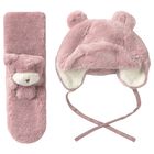 Younger Girls Pink Faux Fur Bear Hat & Scarf Set , 1, hi-res