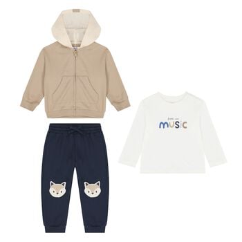 Younger Boys White, Beige & Navy Blue Fox Tracksuit ( 3 Piece )