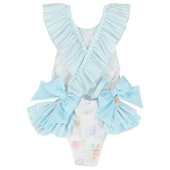 Girls White & Blue Seashells Swimsuit