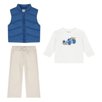 Younger Boys White, Blue & Beige Racing Car Tracksuit Set ( 3 Piece ) 