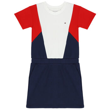 Girls White, Red & Navy Logo Dress