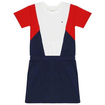Girls White, Red & Navy Logo Dress