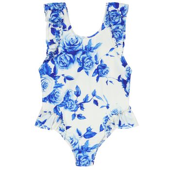 Girls White & Blue Floral Swimsuit