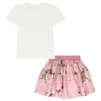 Girls Ivory & Pink Roses Skirt Set