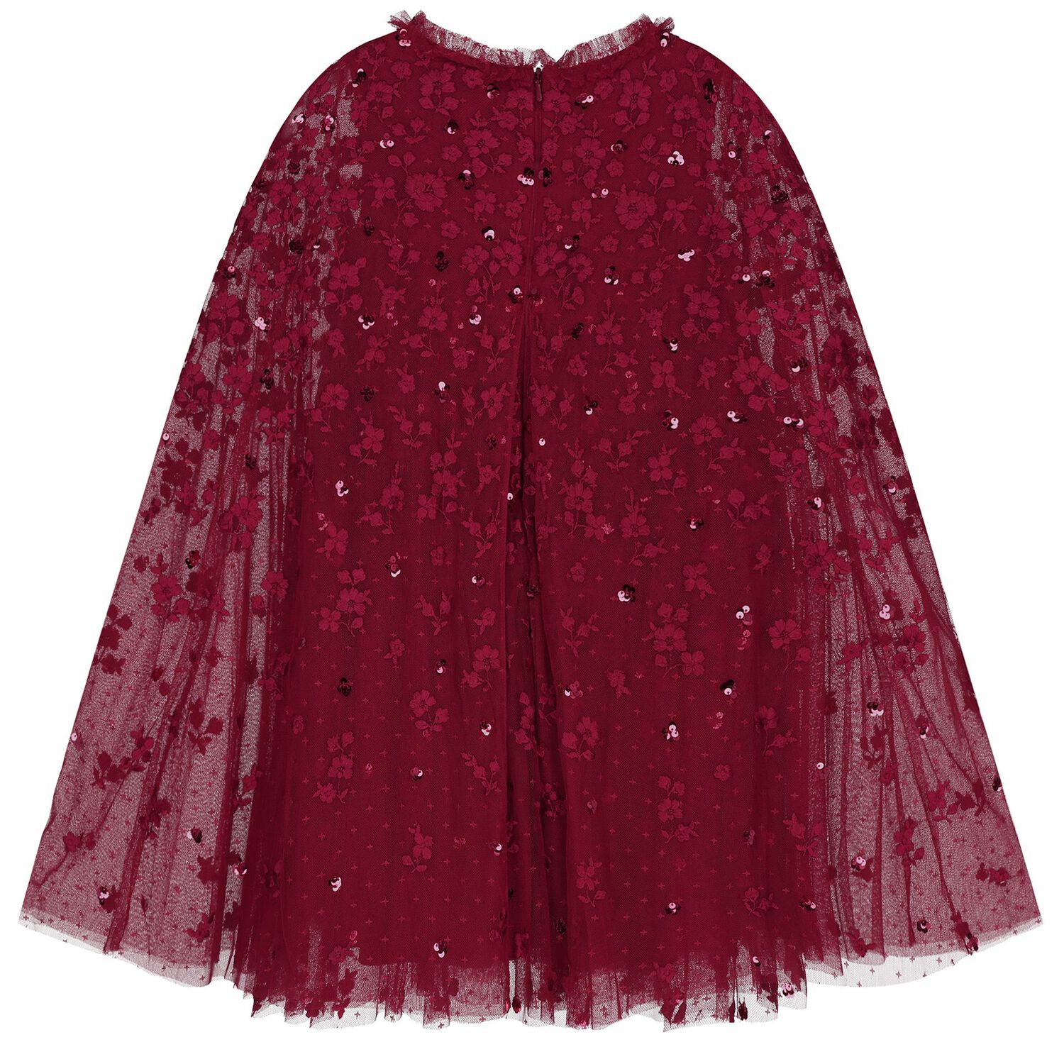 Girls Red Embroidered & Sequinned Tulle Cape Dress, 1, hi-res