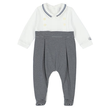 Baby Boys White & Navy Striped Babygrow