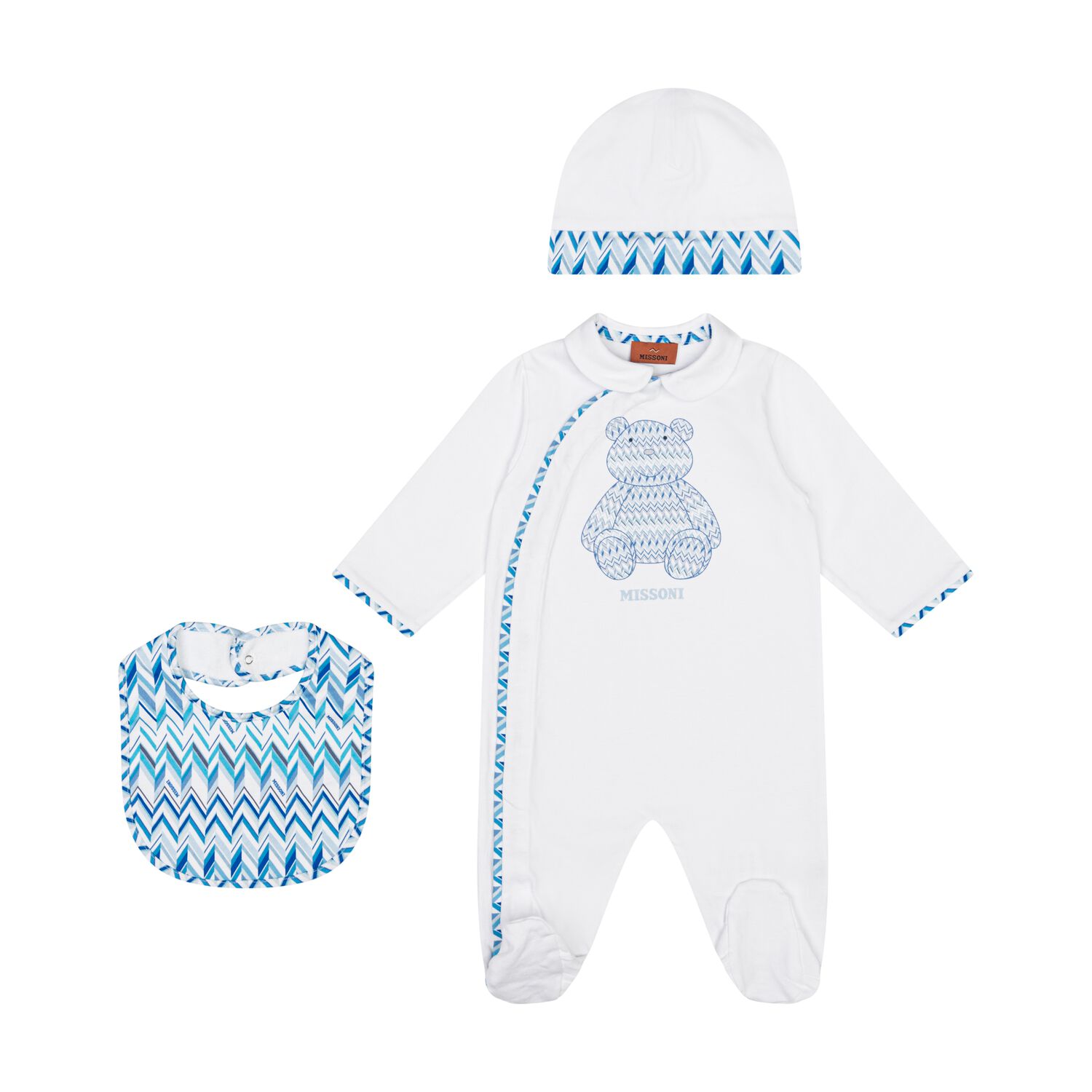 Baby Boys White & Blue Teddy Bear Zig Zag Babygrow Gift Set, 1, hi-res