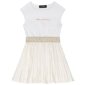 Girls Ivory & Gold Logo Dress