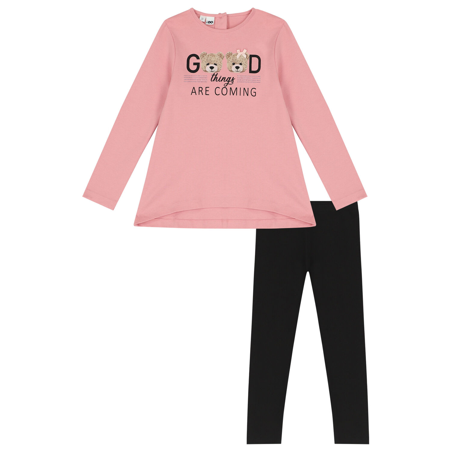 طقم ليغنز بنات بطبعة تيدي باللون الوردي والأسود, 1, hi-res