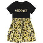 Girls Black & Gold Barocco Logo Dress, 1, hi-res
