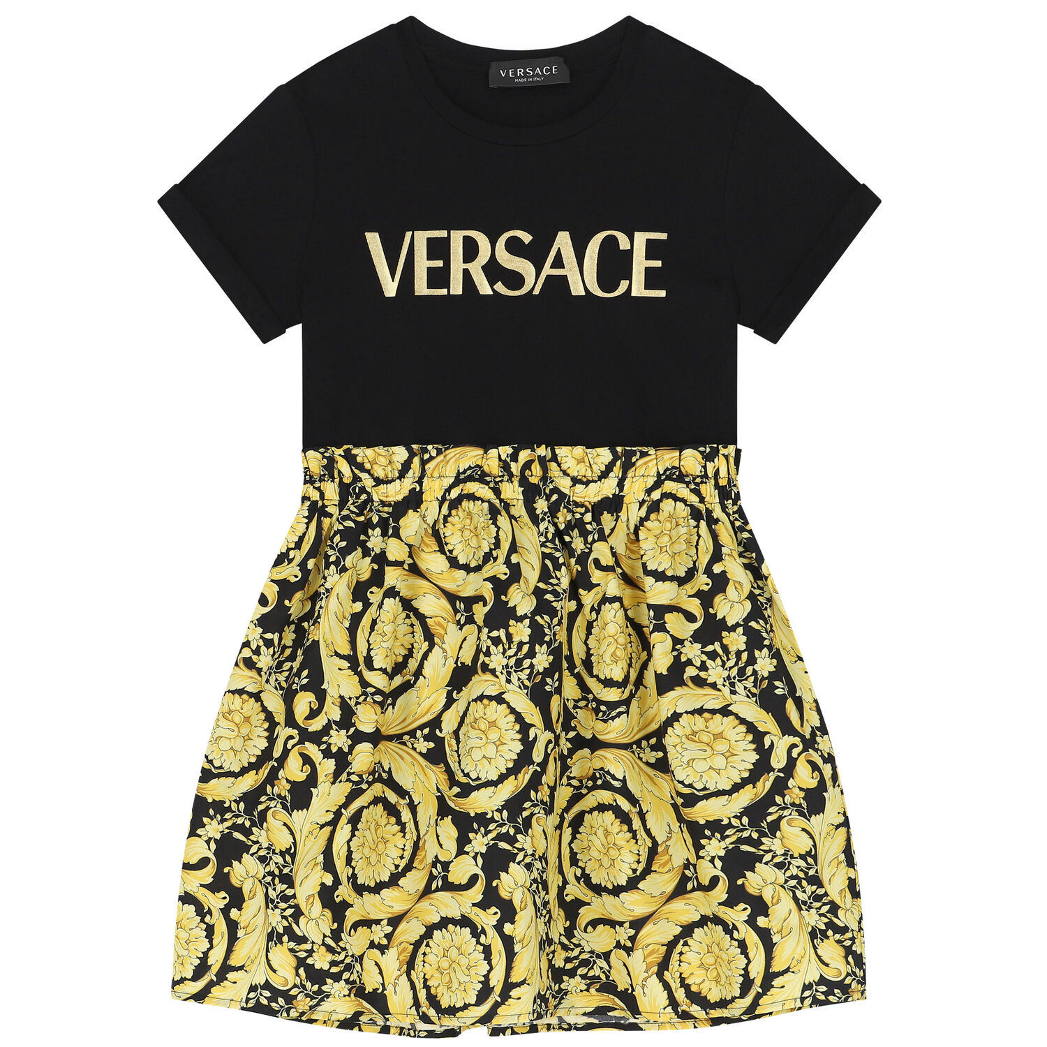 Girls Black & Gold Barocco Logo Dress, 1, hi-res