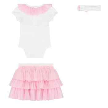 Baby Girls White & Pink Rose Tulle Skirt Set