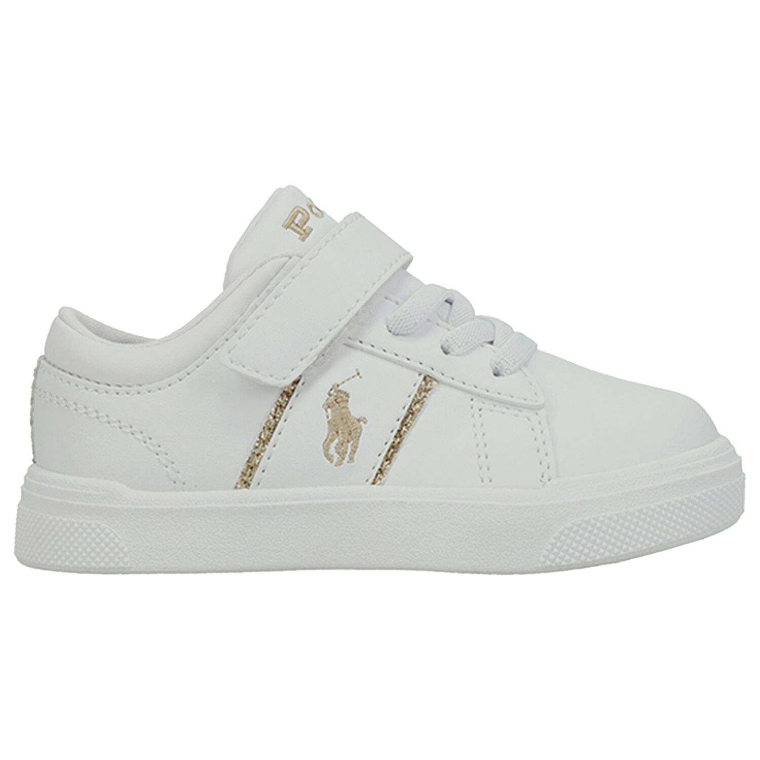 Younger Girls White & Gold Logo Trainers, 1, hi-res