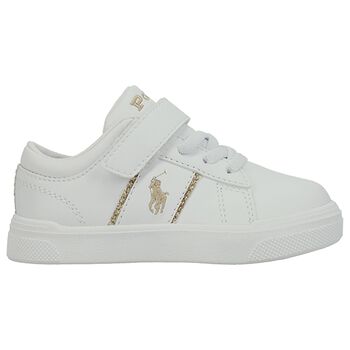 Younger Girls White & Gold Logo Trainers