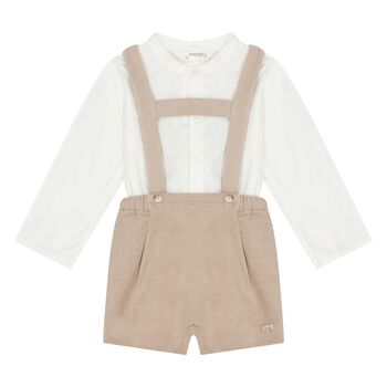 Baby Boys White & Beige Dungaree Set