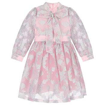 Girls Pink & Silver Jacquard Floral Dress