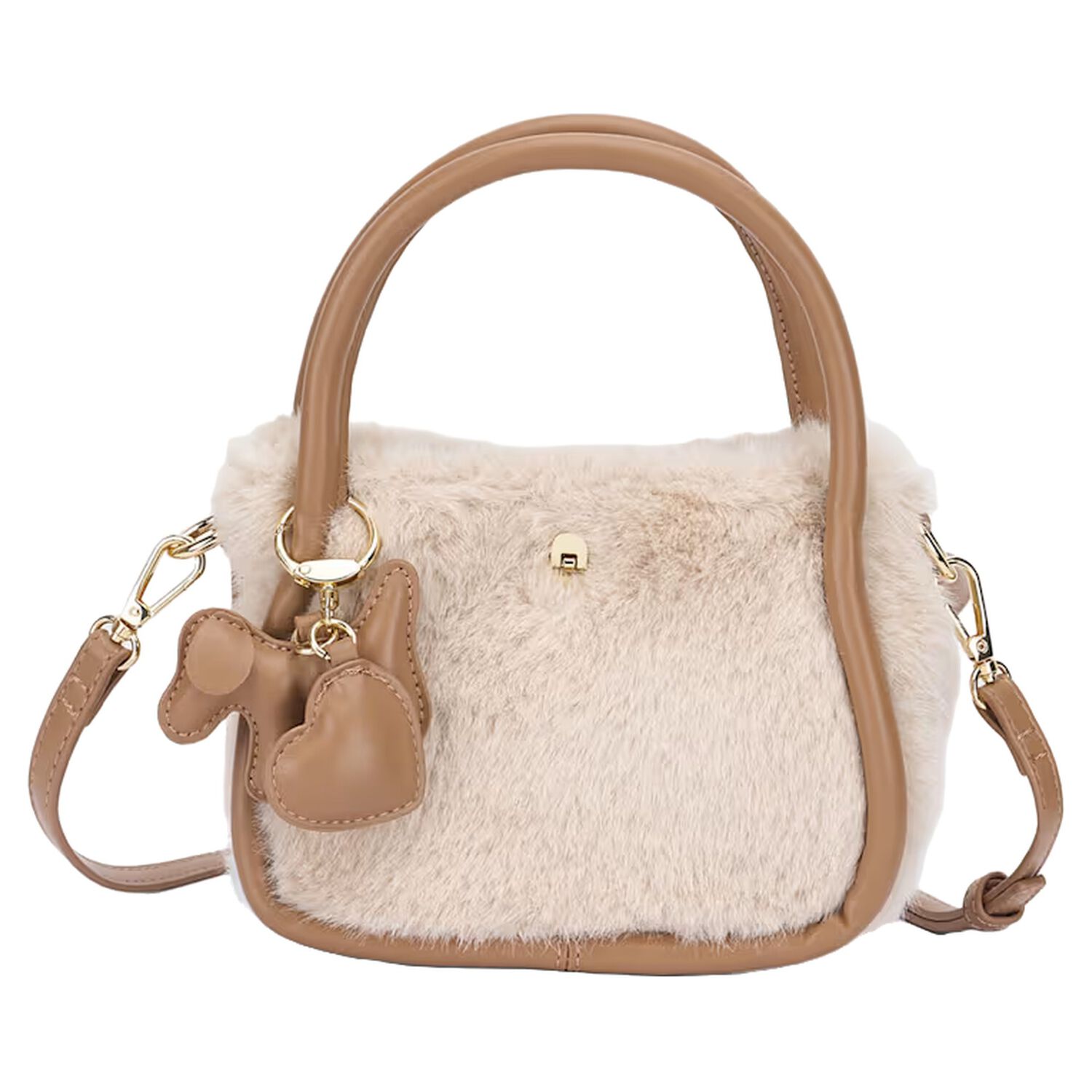 Girls Beige Faux Fur Handbag ( 13cm ), 1, hi-res