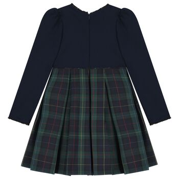 Girls Navy Blue & Green Tartan Bow Dress