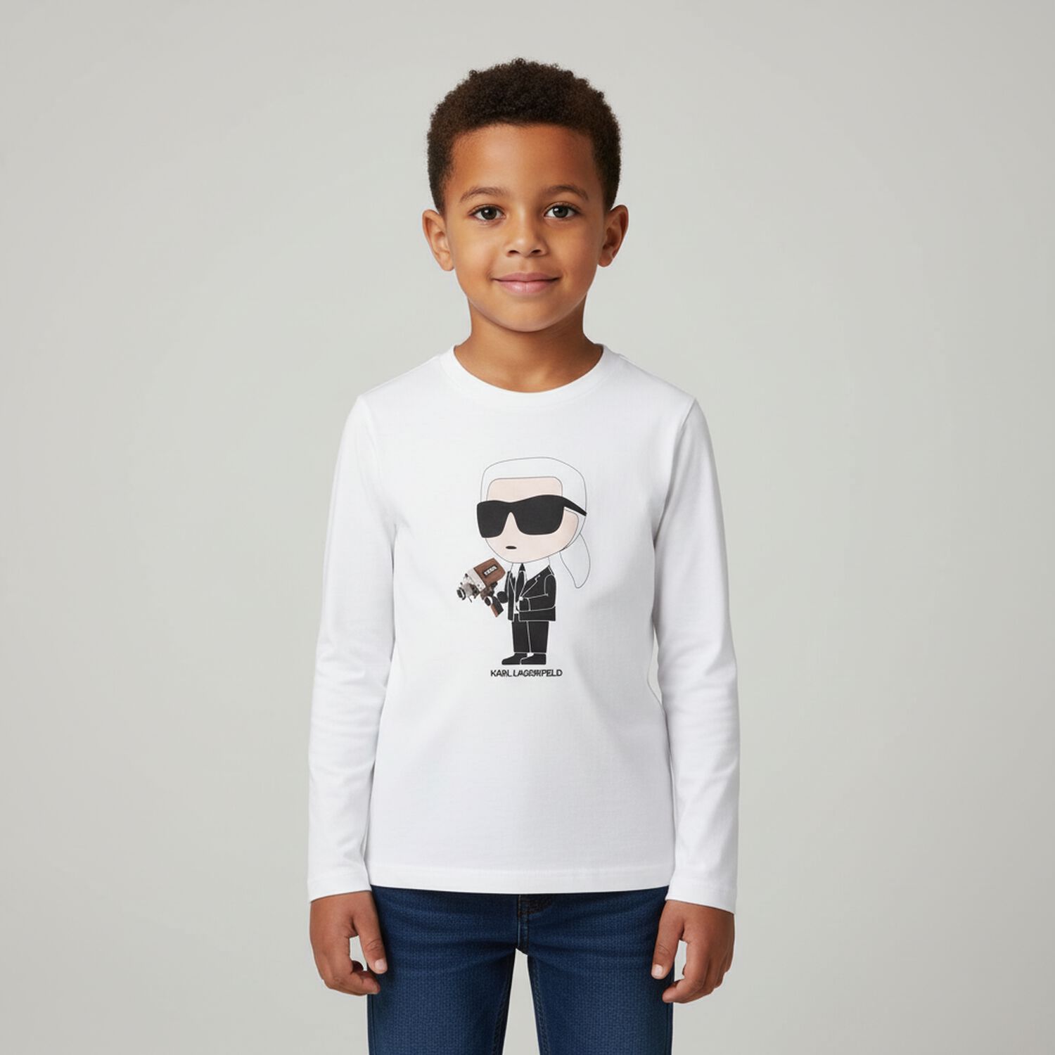 Boys White Ikonik Karl Long Sleeve Top, 2, hi-res