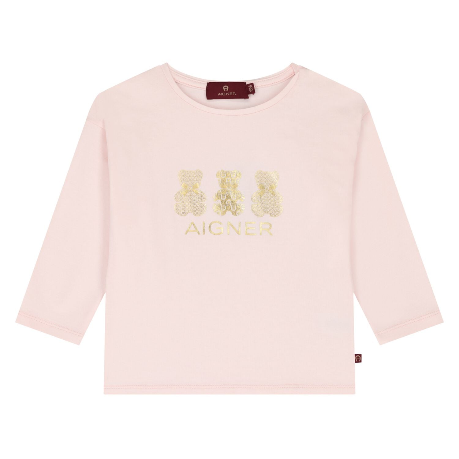 Younger Girls Pink & Gold Teddy Bear Logo Long Sleeve Top , 2, hi-res