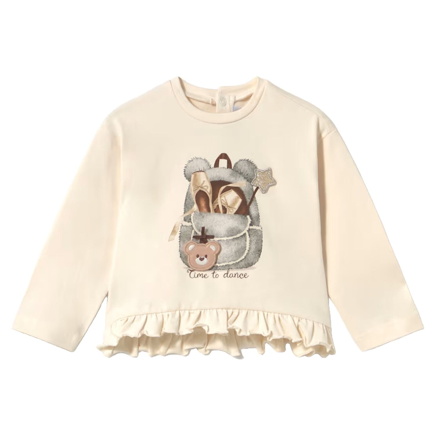 Younger Girls Ivory Bag Ruffled Long Sleeve Top, 2, hi-res