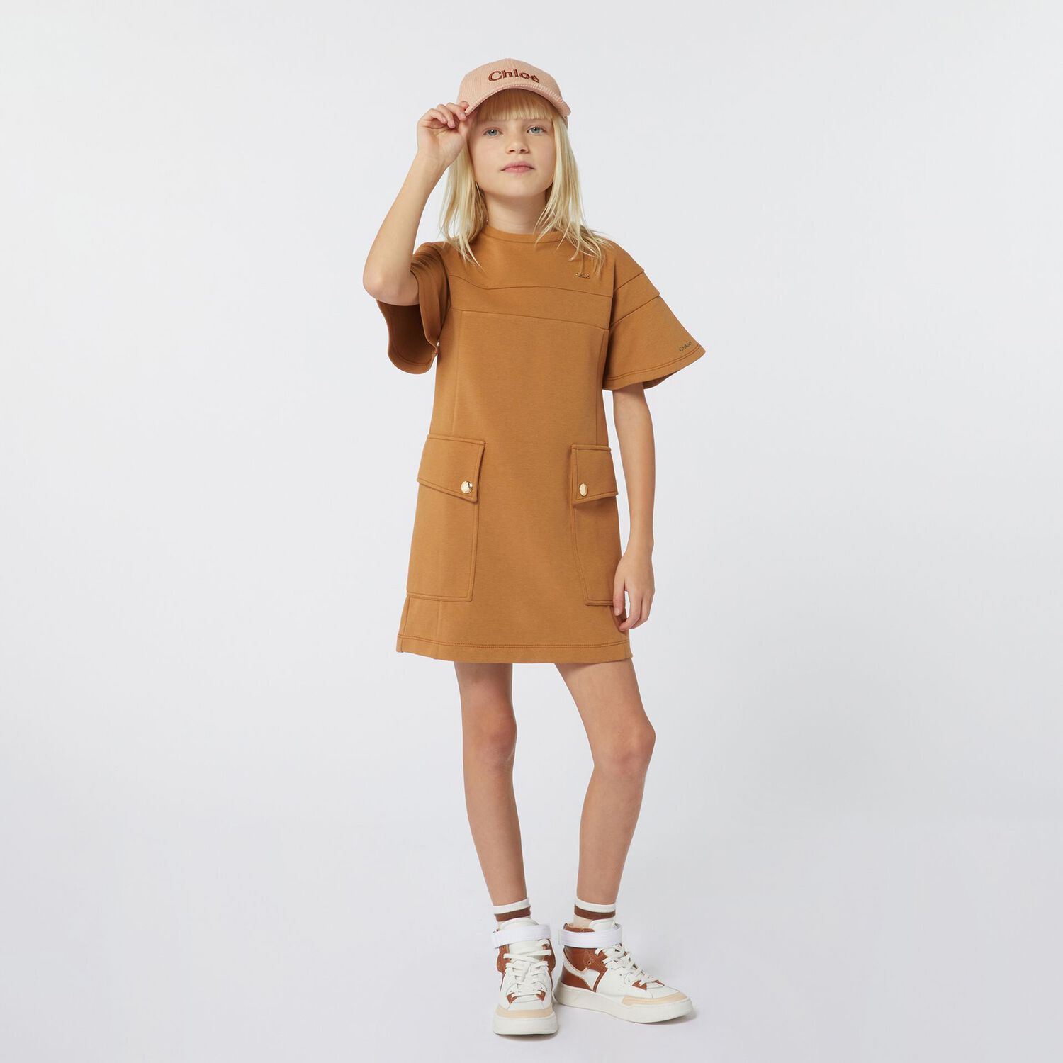 Girls Beige Logo Dress, 2, hi-res image number null