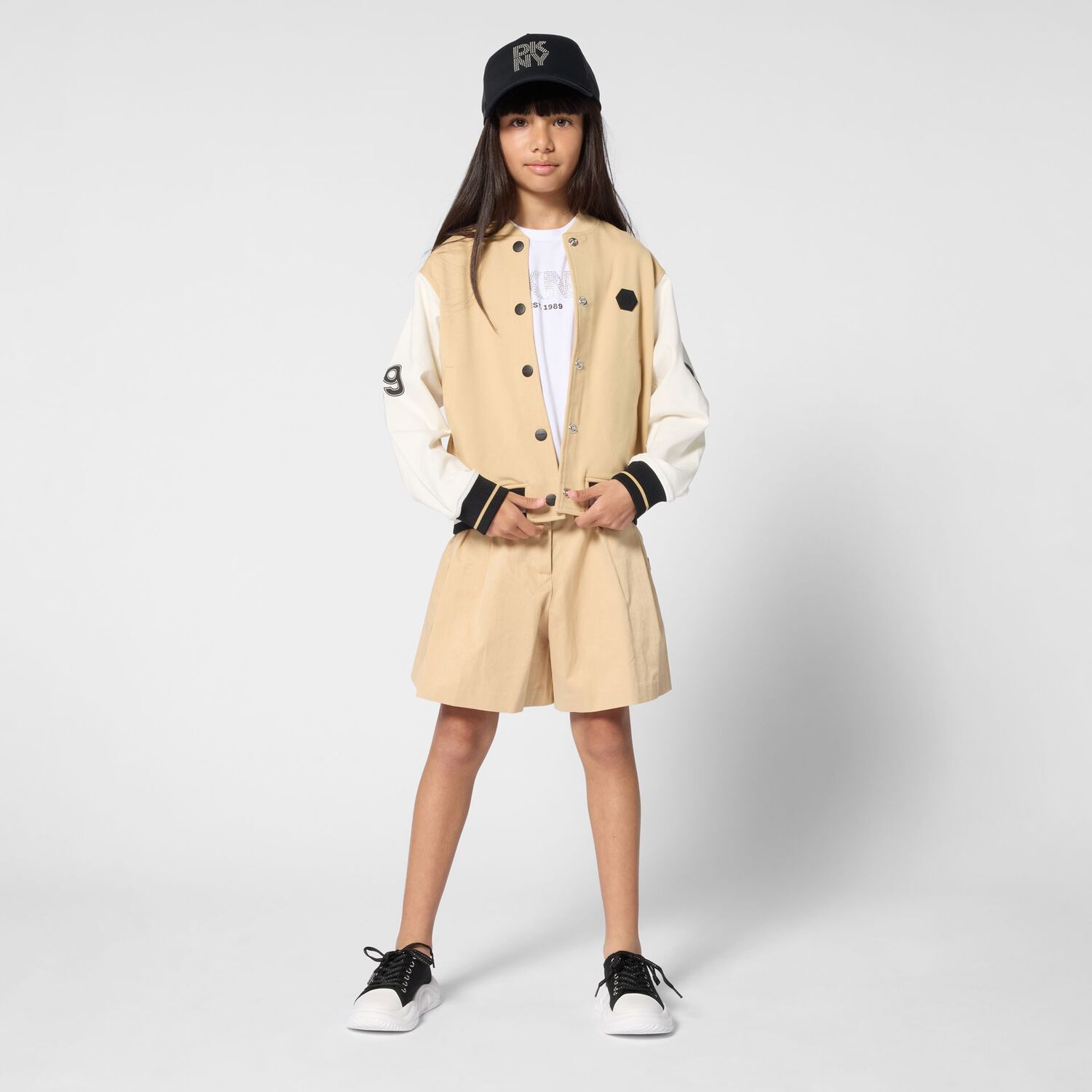 Girls Beige Logo Shorts, 1, hi-res