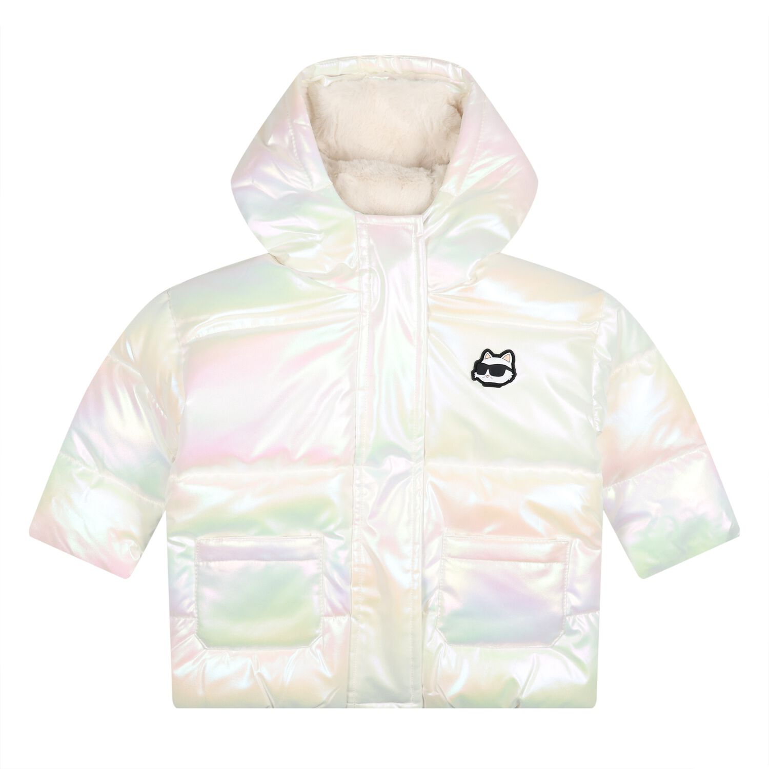 Younger Girls Ivory Iridescent Puffer Jacket, 1, hi-res