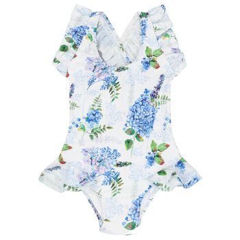 Girls White & Blue Floral Swimsuit