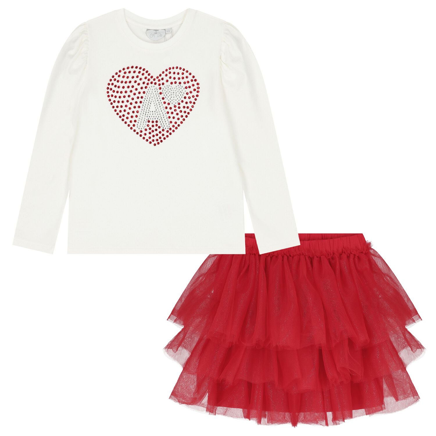 Girls White & Red Tulle Skirt Set, 1, hi-res