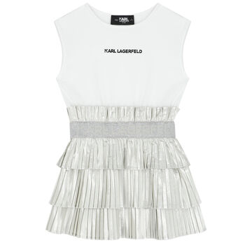 Girls Silver & White Logo Dress