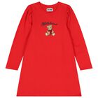 Girls Red Teddy Bear Logo Dress, 3, hi-res