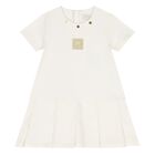 Younger Girls Ivory Logo Pleated Dress, 1, hi-res