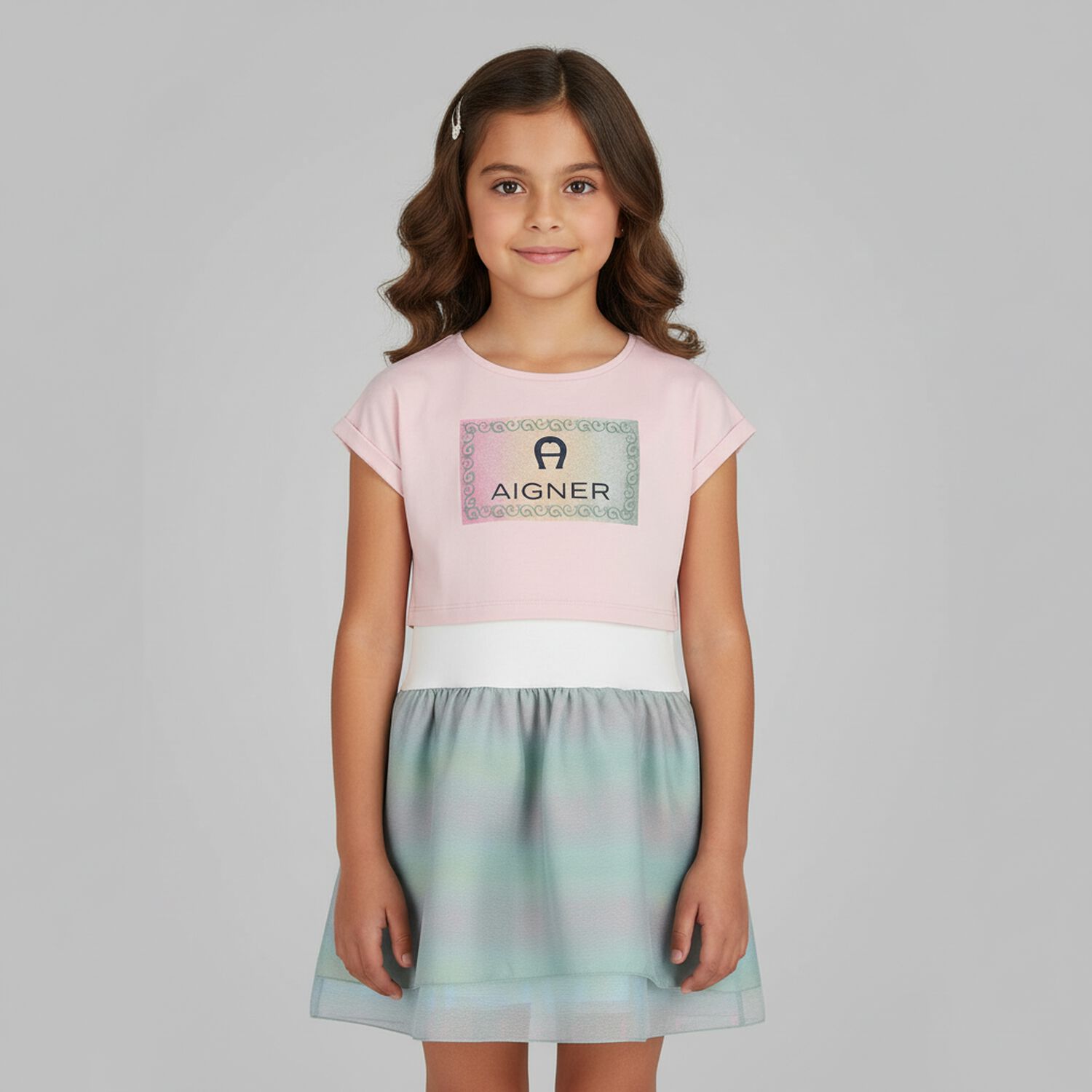 Girls Pink, White & Green Logo Dress Set, 2, hi-res